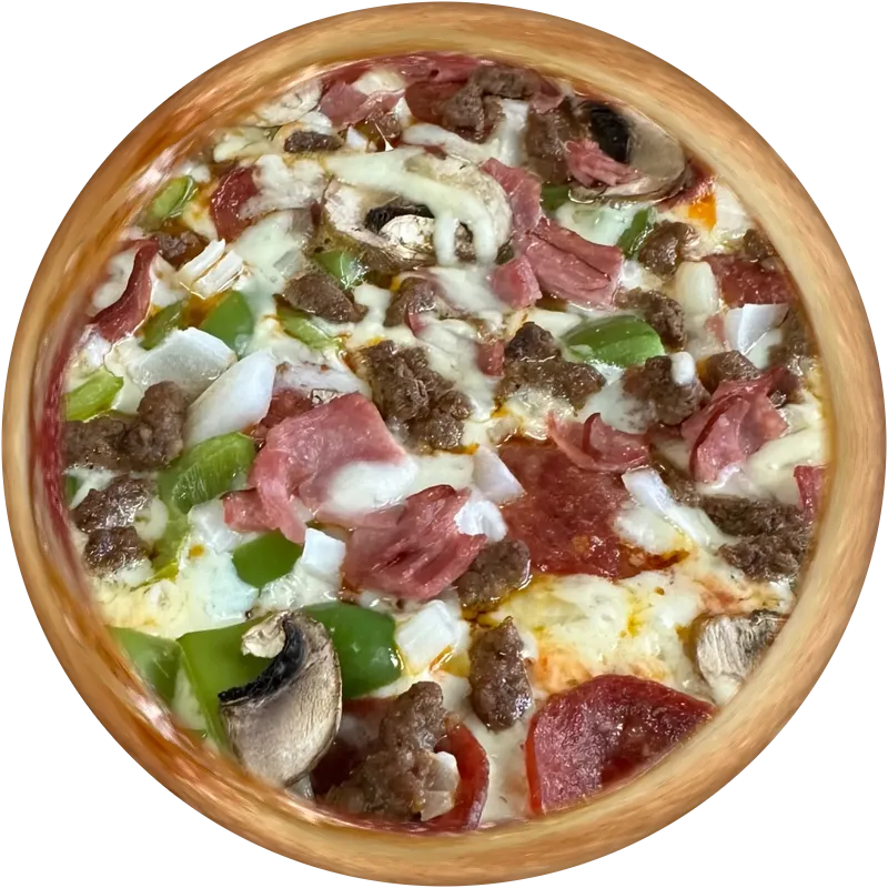 Deep dish pizza loaded with pepperoni, ham, beef, mushroom, onion and green pepper