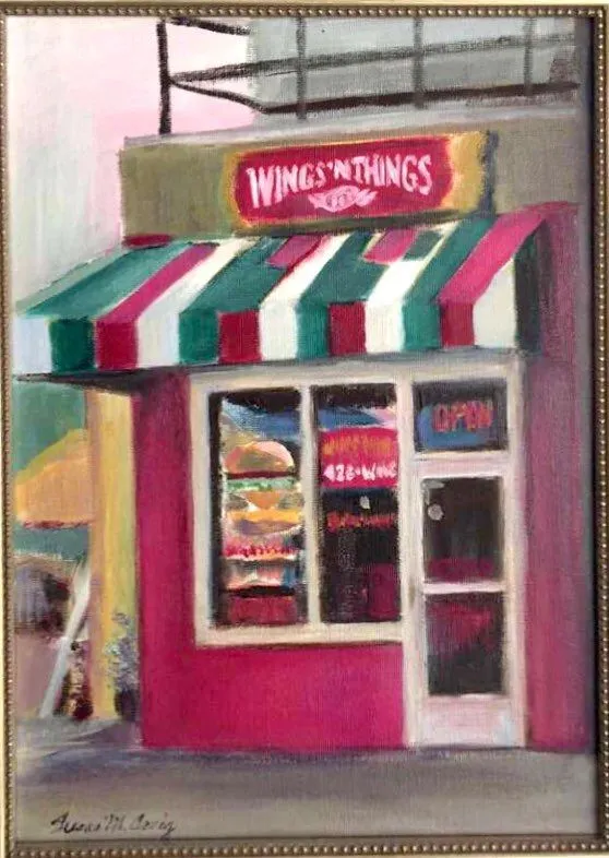 Painting of the original Wings 'N' Things storefront with its striped awning
